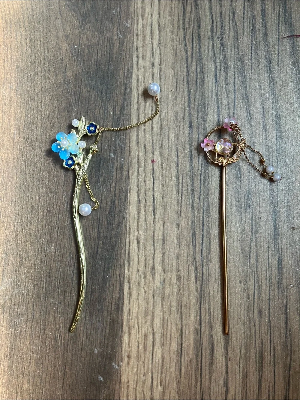 Gold Floral Hair Sticks with Blue and Pink Accents